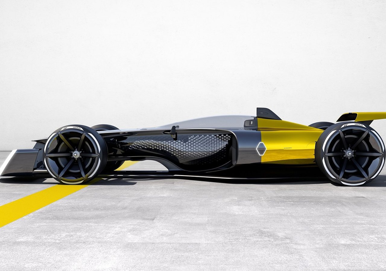 Een geel-zwarte Renault Formule 1-racewagen staat geparkeerd in een kamer.