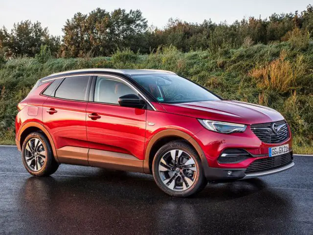 De rode Opel Grandland X uit 2019 staat geparkeerd op een weg.