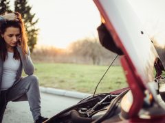 Een vrouw kijkt naar de motorkap van haar auto, een van de betrouwbaarste auto's.