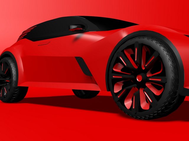Een afbeelding van een stijlvolle hatchback op een rode achtergrond.