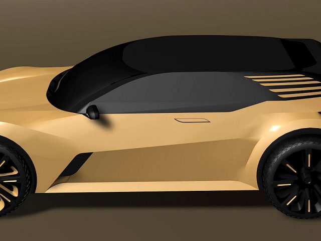Een weergave van een stijlvolle hatchback-auto op een bruine achtergrond.