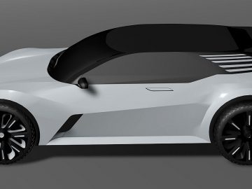 Een 3D-weergave van een stijlvolle hatchback-auto op een grijze achtergrond.