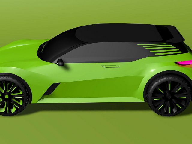 Een stijlvolle hatchback op een groene achtergrond.