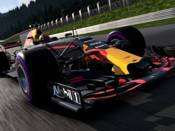 Een F1 2017 Red Bull-raceauto op een racecircuit.