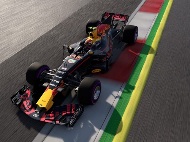 Een gamerecensie van F1 2017: een Red Bull-raceauto op een circuit.