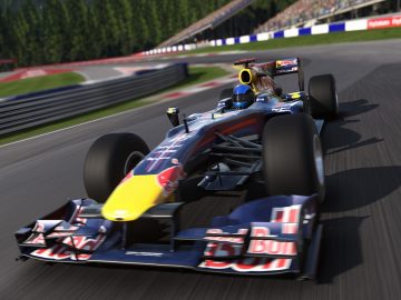 Een Red Bull-racewagen concurreert op een circuit in de gamerecensie van F1 2017.