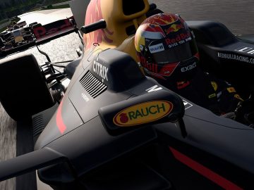 Een F1 2017 Red Bull-raceauto op een racecircuit.