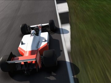 Een raceauto die over een circuit rijdt in de gamerecensie van F1 2017.