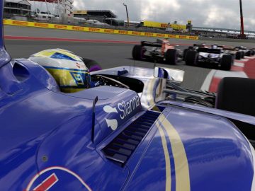 Een blauwe raceauto op een racecircuit in F1 2017.