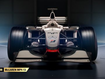 Een afbeelding van een F1 2017-raceauto in een donkere kamer.