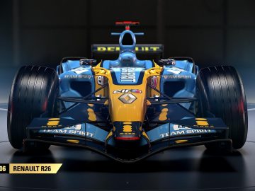 Een blauwe en gele F1 2017-raceauto in een donkere kamer.