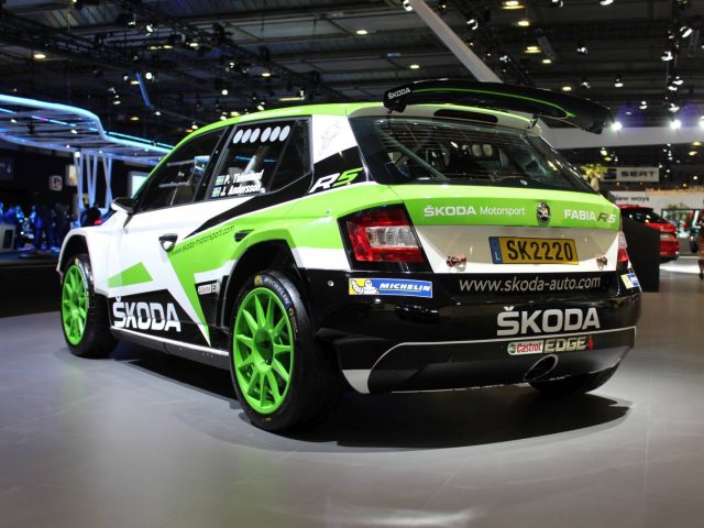 Een groen-witte rallyauto is te zien op de Autosalon 2018 autoshow.