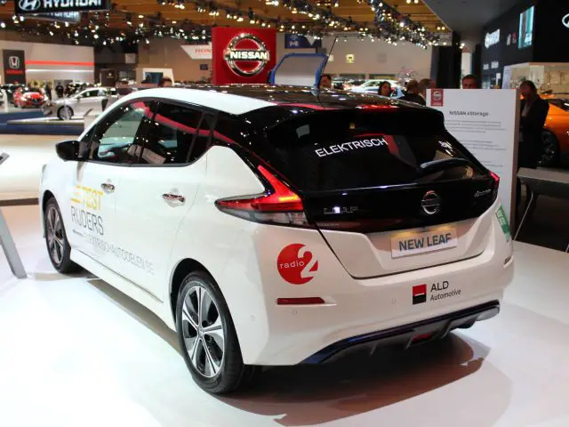 De Nissan Leaf is te zien op het Autosalon van Brussel 2018.