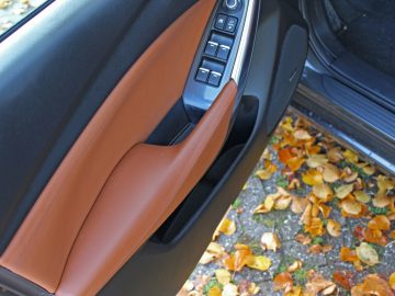 Het interieur van een Mazda 6 met een bruine deurklink en bladeren.