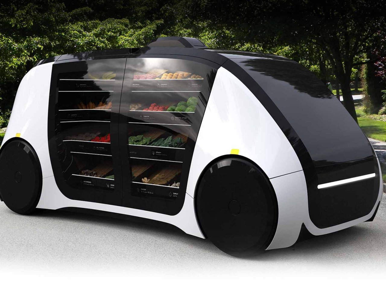 Een Robomart, een winkel op wielen, is geparkeerd in een parkeerplaats.