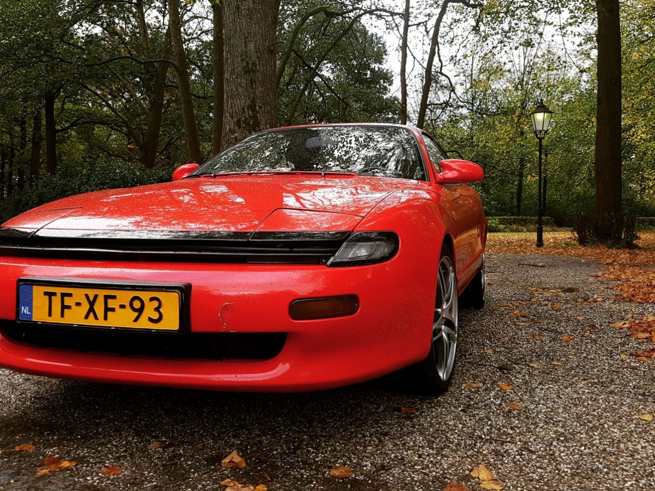 Een rode auto geparkeerd in een bebost gebied.