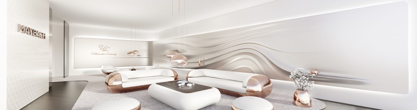 Een kamer met wit meubilair en een witte Mercedes-Maybach-muur.