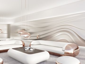 Een kamer met wit meubilair en een witte Mercedes-Maybach-muur.