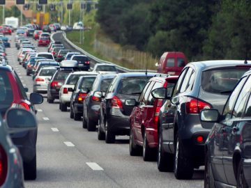 Traffic jam with rows of cars