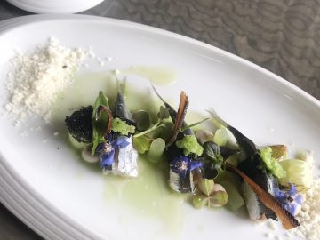Een wit bord met vis erop en een bakje groen, klaar voor een culinair avontuur.