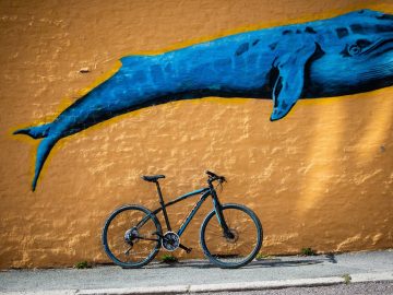 Een fiets uitgerust met ReTyre-banden, leunend tegen een muur met een walvis erop geschilderd.