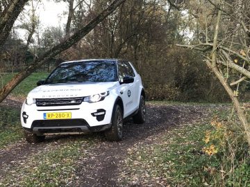 Een witte Land Rover geparkeerd in een bosrijke omgeving.