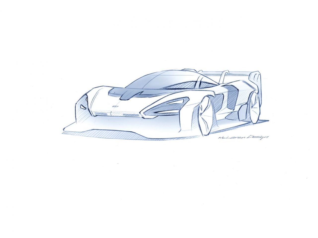Een tekening van een McLaren-sportwagen op een witte achtergrond.