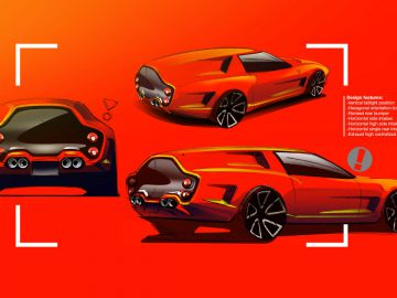 Een schets van een Ferrari Breadvan-sportwagen op een oranje achtergrond.