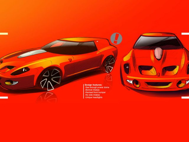 Een tekening van een Ferrari Breadvan op een oranje achtergrond.
