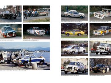 Een boek met foto's van Escort-rallyauto's op een pagina.