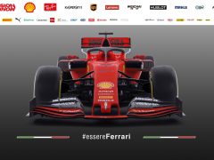 De SF90 Ferrari F1-auto wordt getoond op een website.