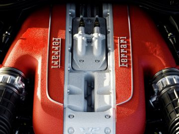 Een close-up van een rode V8-hybridemotor in een auto.