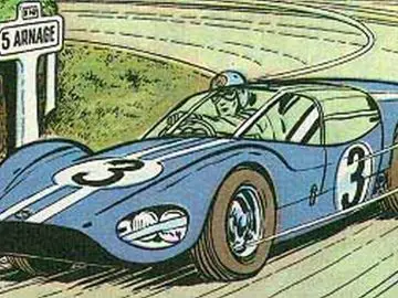 Een cartoon van een blauwe Vaillant-raceauto die over een weg rijdt.