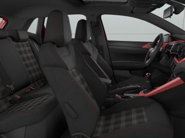 Het interieur van een rode en zwarte GTI-auto.