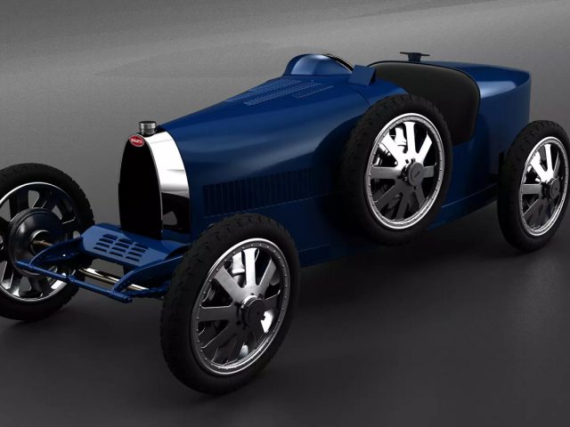 Een blauwe Bugatti-raceauto op een grijze achtergrond.