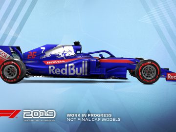 Een F1 2019 Red Bull-racewagen op een blauwe achtergrond.