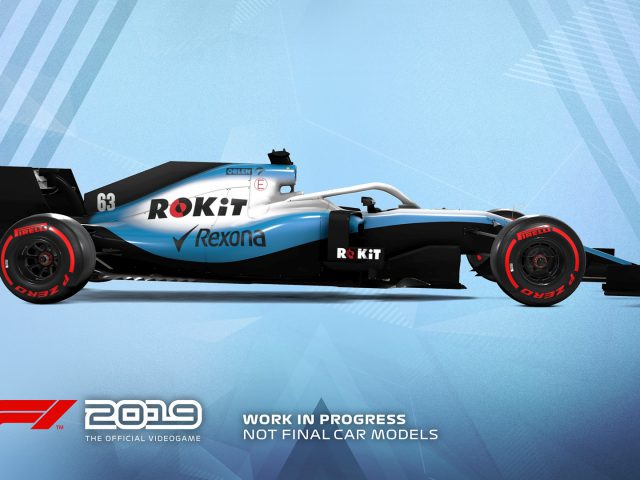 De F1 2019 Williams-auto wordt weergegeven op een blauwe achtergrond.