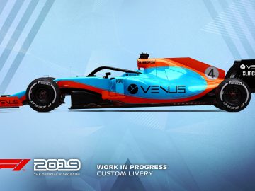 Een blauwe en oranje F1 2019 racewagen op een blauwe achtergrond.