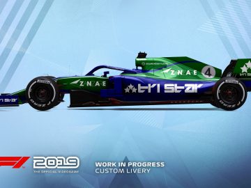Een blauwe en groene F1 2019-raceauto op een blauwe achtergrond.