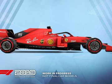 De F1 2019 Ferrari-auto wordt weergegeven op een blauwe achtergrond.