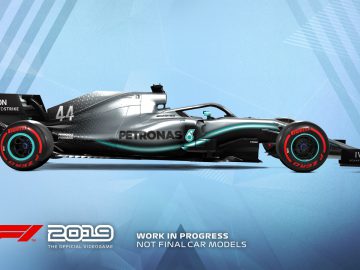 De F1 2019 Mercedes-auto wordt weergegeven op een blauwe achtergrond.