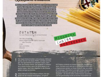 Een pagina met een recept voor spaghetti en gehaktballetjes, gesponsord door Alfa Romeo.