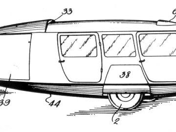 Een zwart-wit tekening van een Dymaxion-camper.