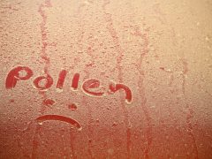 Een autovoorruit met een droevig gezicht erop geschreven vanwege hooikoorts.