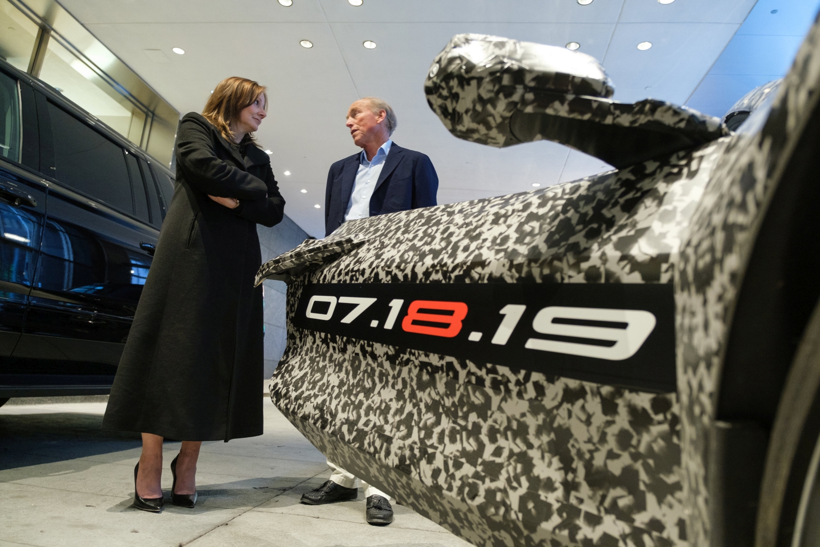 General Motors Chairman and CEO Mary Barra and a camouflaged next generation Chevrolet Corvette Thursday, April 11, 2019 in New York, New York. The next generation Corvette will be unveiled on July 18. (Photo by Todd Plitt for Chevrolet)