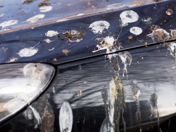 De motorkap van een auto is bedekt met vogelpoep.
