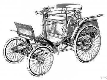 Een zwart-wit tekening van een Benz Velocipede-koets.
