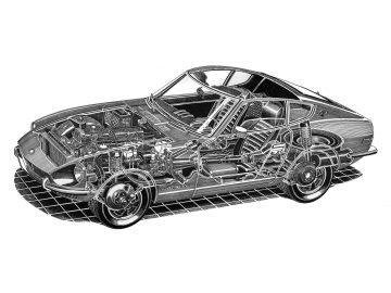 Een zwart-wit tekening van een Benz Velocipede-sportwagen.