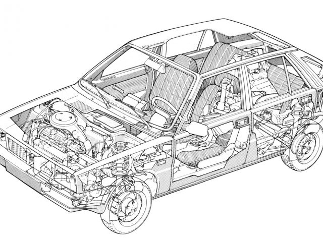 Een tekening van het interieur van een Lancia Delta-auto.