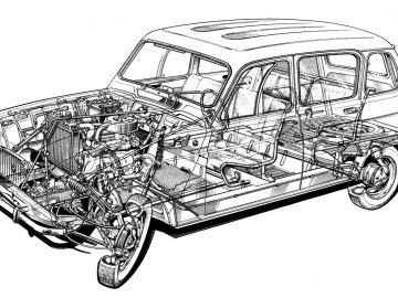 Een zwart-wit tekening van een Renault-auto.